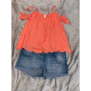 Peach shirt with jean shorts